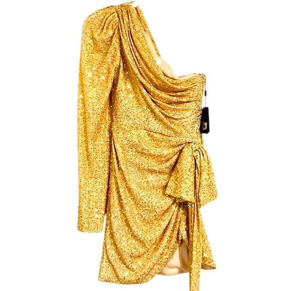 Mac Duggal Gold Sequined One Shoulder Draped Side Bow Mini Dress Size 2 - Picture 8 of 16